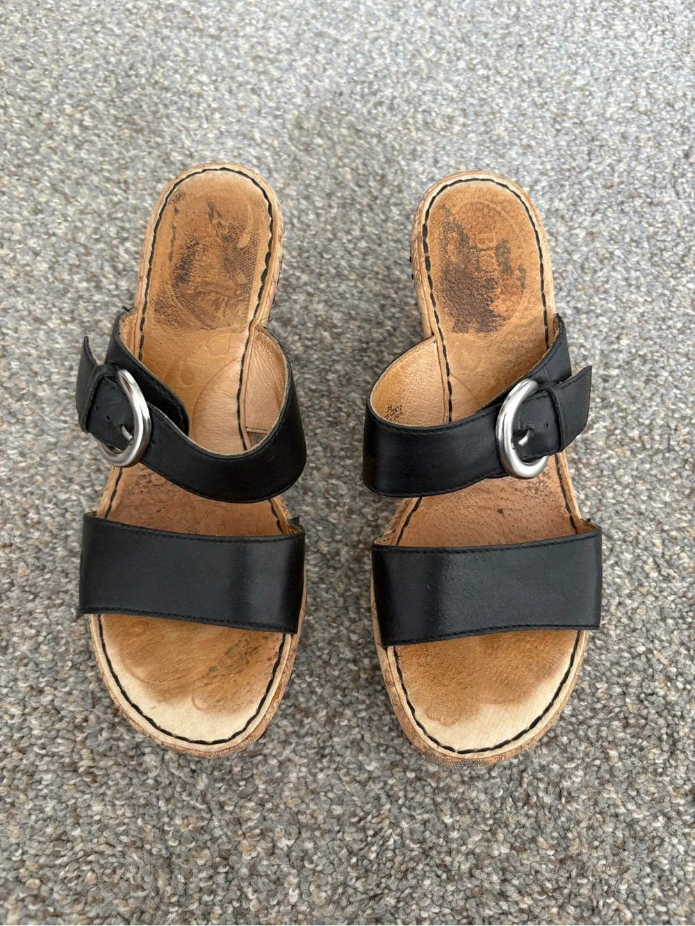 Born Black Leather Wedge Slide Sandals with Silver Buckle